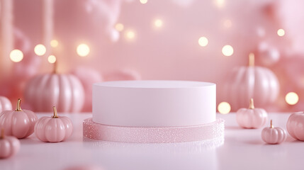  White round podium with pink pumpkin decorations in the background, a mockup for product presentation. Abstract scene with blurred lights and bokeh. Halloween mock-up scene