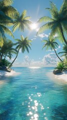 Fototapeta premium A serene tropical landscape featuring clear turquoise water, sandy shores, and lush palm trees under a bright blue sky with fluffy clouds
