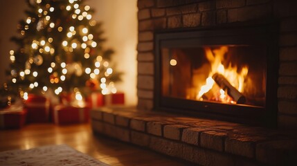 Fototapeta premium Christmas home room with tree and fireplace and festive bokeh lighting, blurred holiday background. Cosy home Xmas banner concept with bonfire. With copy space for text