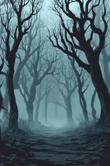 Obraz premium A Mystical Path Through a Foggy Forest of Twisted Branches