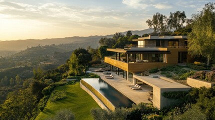 Luxurious mansion with modern design, situated on a hilltop overlooking a lush valley.