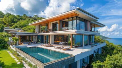 Fototapeta premium Luxurious villa with contemporary design, positioned on a hillside with expansive ocean