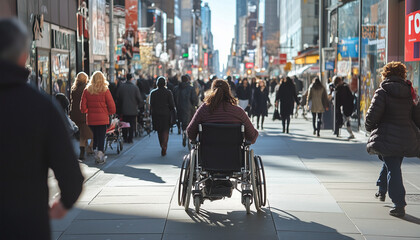 A woman in a wheelchair navigating a busy sidewalk, people walking around her