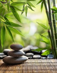 A stack of smooth stones on a bamboo mat surrounded by lush green bamboo leaves, evoking a serene and meditative atmosphere.