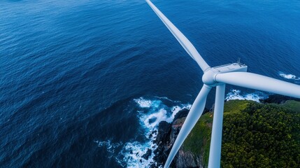 Fototapeta premium Aerial view of a large wind turbine by the ocean, showcasing renewable energy.