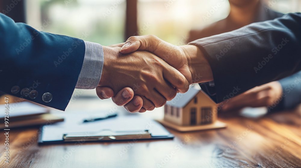 Poster real estate agents closing a deal with a handshake over a desk with a model house and contract