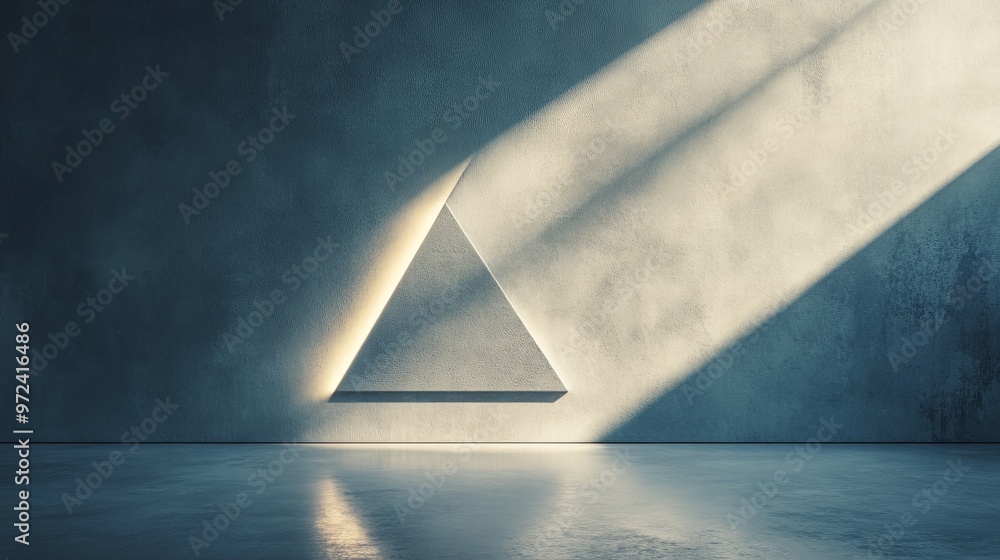 Poster minimalist geometric composition of a single triangle of light on a plain wall, with sharp lines and
