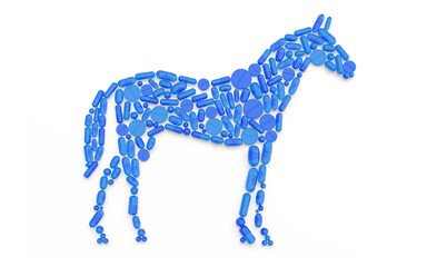 horse silhouette made of pills, pills, capsules and vitamins in blue colors. Collage. 3d illustration. Isolated on a white background.