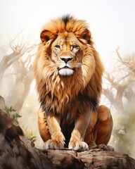Watercolor painting of a majestic lion with paint splatter effect. Wildlife and artistic expression concept