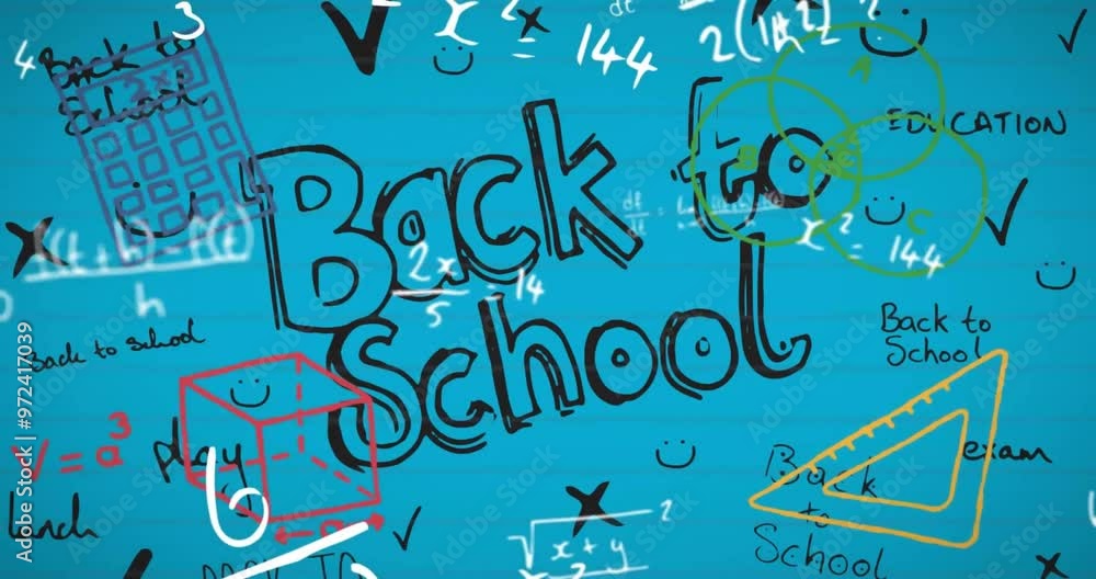 Poster animation of back to school text over mathematical equations