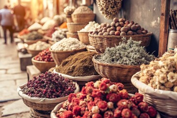 Fototapeta premium A hidden street market selling exotic spices, flowers, and handmade crafts. 