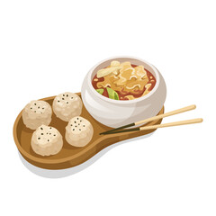 Asian cuisine featuring a bowl of soup and four dumplings on a wooden tray, with chopsticks on a white background. Vector illustration