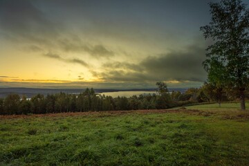 Serene landscape with grassy field, trees, and sunset sky.