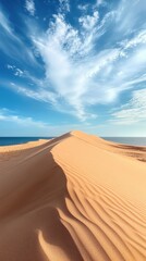 A tranquil desert scene featuring golden sand dunes against a bright blue sky with wispy clouds, creating a serene and picturesque seascape