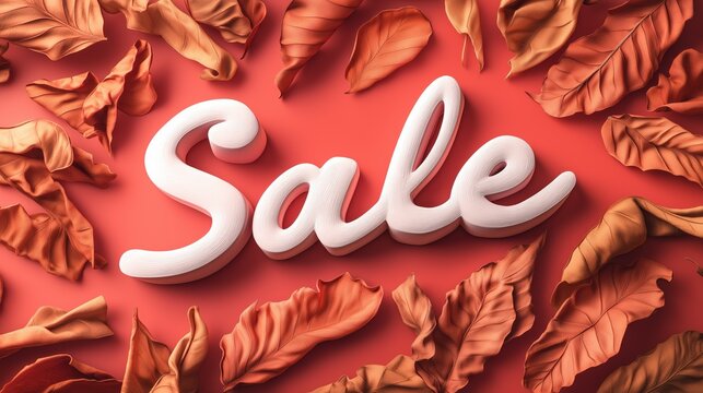 Sale text with autumn leaves. Autumn sale promotion with colorful leaves red background.
