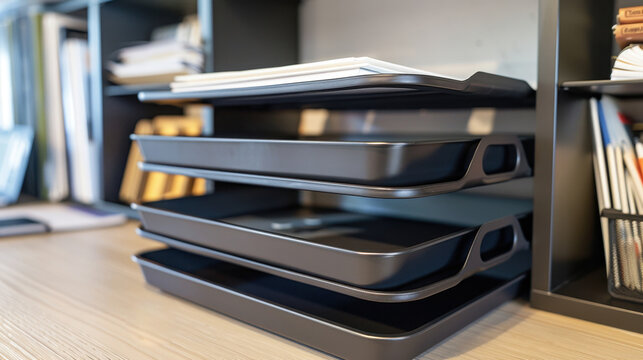 File Tray: A tiered tray system on the desk for sorting and organizing incoming, ongoing, and completed work, promoting efficiency and tidiness.
