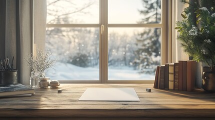 Mockup of a blank letter on a wooden desk with a snowy landscape visible through the window, ideal for winter-themed correspondence. 4K hyperrealistic photo.