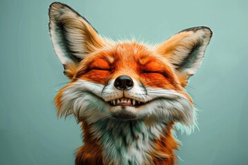 Close-Up of a Smiling Fox with Closed Eyes Against Neutral Background