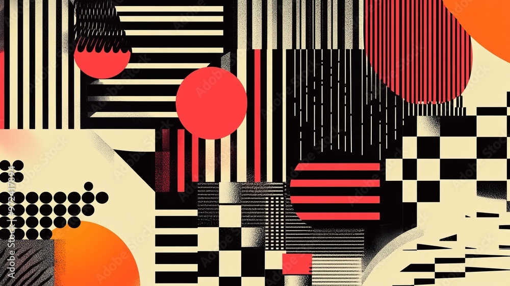 Aufkleber brutalist geometric shapes, modern symbols. groovy checkered pattern, distorted tiled grid. simple e