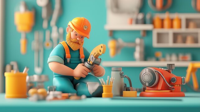 miniature worker with tools and machinery on colorful workbench. creative hobby and artisan scene
