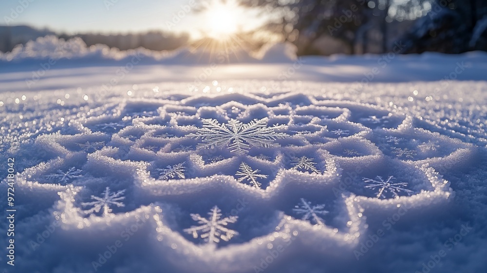 Poster snowflakes arranged in a perfect spiral on a snowy field, each flake contributing to a larger geomet