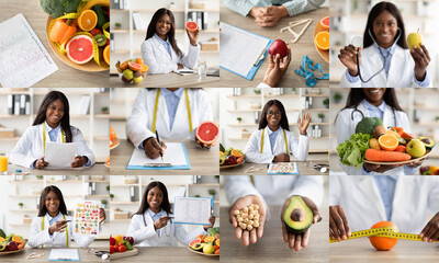 The image shows a collage of a lady nutritionist in her office. She is demonstrating different aspects of healthy eating and weight management.