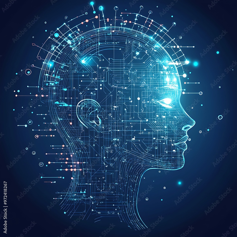 Poster a digital representation of a human head composed of circuitry and lines