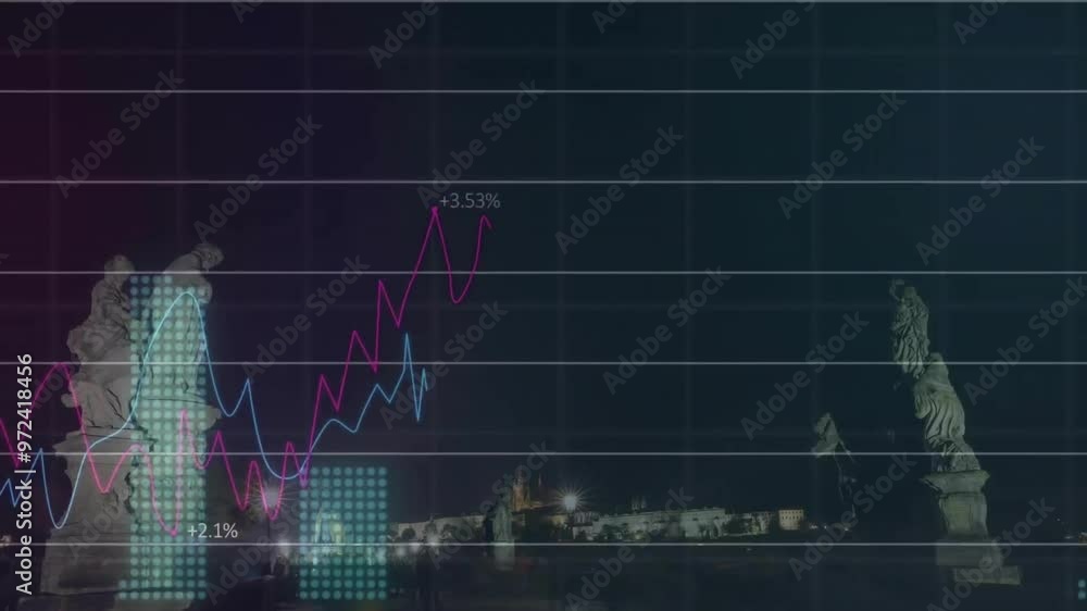 Aufkleber animation of diagrams and data processing over cityscape