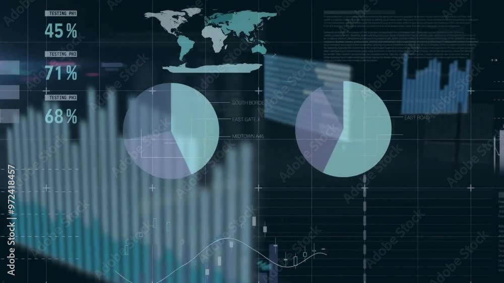 Poster animation of diagrams with world map and data processing over black background