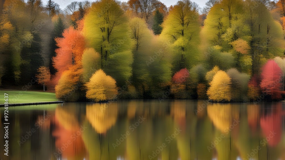 Wall mural pond with autumn