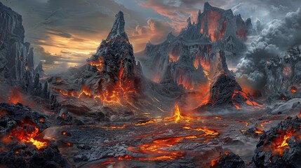 Concept Art Depicting Lava and Fire with Ancient Mountain Range.