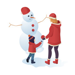 Mother and child building a snowman together. Isometric graphic style on a white background. Concept of winter fun. Vector illustration