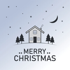 Fototapeta premium Minimalist Christmas Night Scene with House, Trees, Moon and Snowflakes.