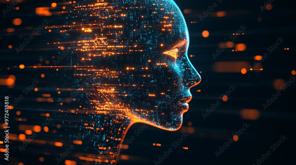 Poster side profile of a futuristic artificial intelligence computer head with glowing lines and data