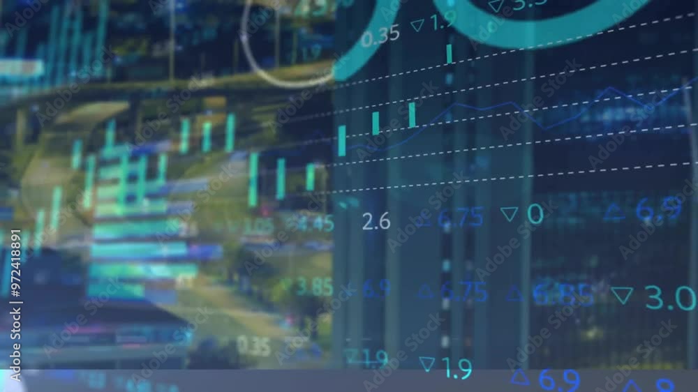 Poster animation of diagrams and data processing over cityscape