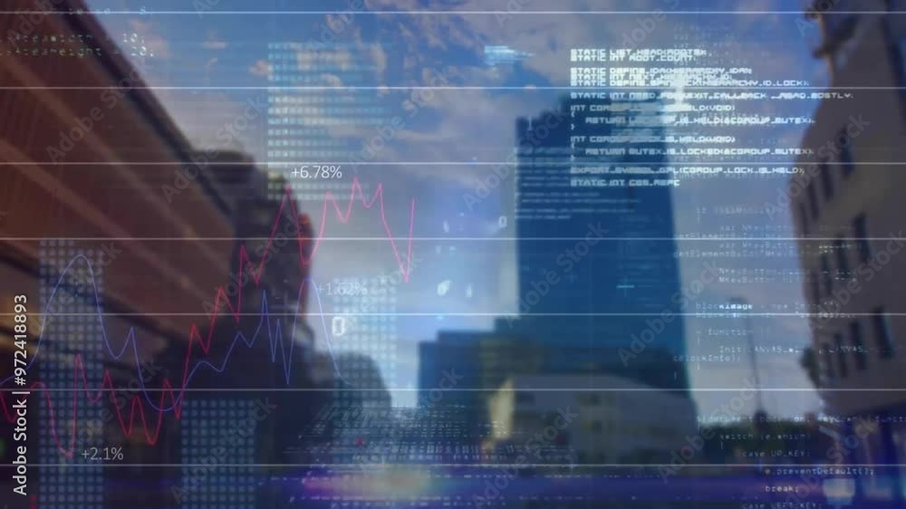 Poster animation of diagrams and data processing over cityscape