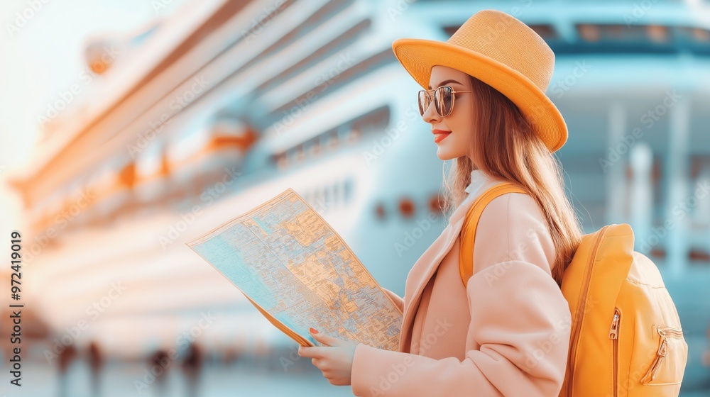 Wall mural woman with hat reading map in front of blurred cruise ship