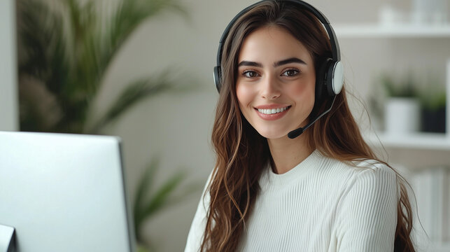 A professional businesswoman with a headset and a computer, representing remote work