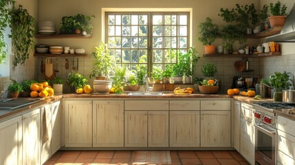 Bright kitchen filled with plants and fresh produce, inviting ambiance.
