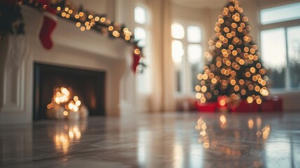 Fototapeta premium Christmas home room with tree and fireplace and festive bokeh lighting, blurred holiday background. Cosy home Xmas banner concept with bonfire. With copy space for text