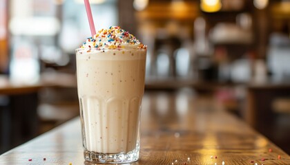 A glass of milkshake with whipped cream and sprinkles, a pink straw, and colorful sprinkles on the counter