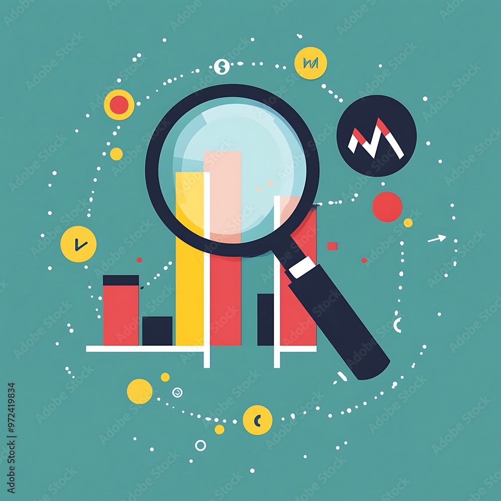 Aufkleber magnifying glass examining bar graph with arrow icon