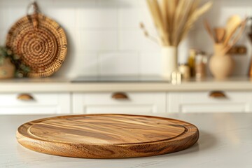 Obraz premium Beautiful Round Wooden Countertop in Clean and Bright Kitchen.