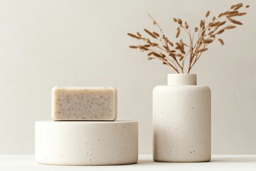 Minimalist display featuring a natural soap bar alongside a decorative vase with dried flowers on a neutral background.