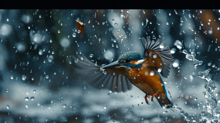 Naklejka premium A kingfisher diving into a stream water droplets