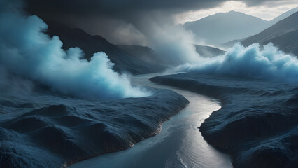 Fototapeta premium 3D illustration of a mountain landscape with a river flowing through it