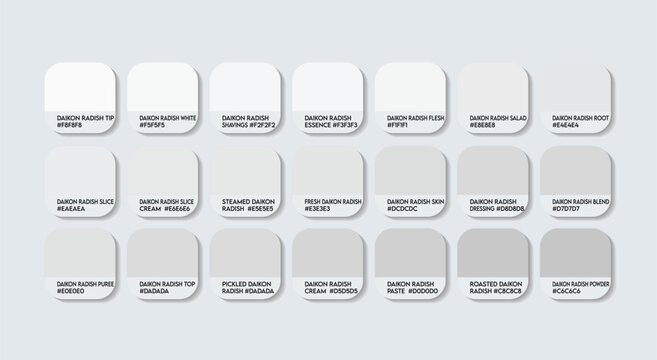 Daikon Radish Color Palette, Daikon Radish Color Guide Palette with Color Names. Catalog Samples of white colors with RGB HEX codes. paint, natural white colour, Fashion Trend Daikon Radish Colors