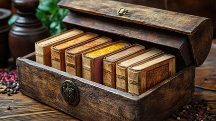 Vintage wooden box containing old books on a rustic table.