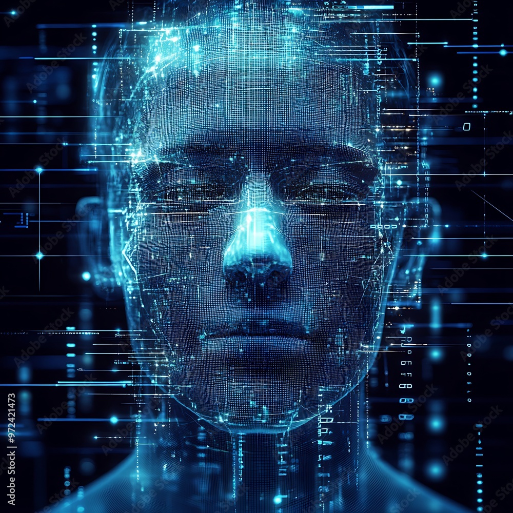 Poster digital human face constructed of blue code and lines