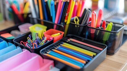 Obraz premium Stationery Organizer: An efficient desktop organizer with slots for pens, pencils, paper clips, and sticky notes, designed to keep your office supplies orderly and accessible. 